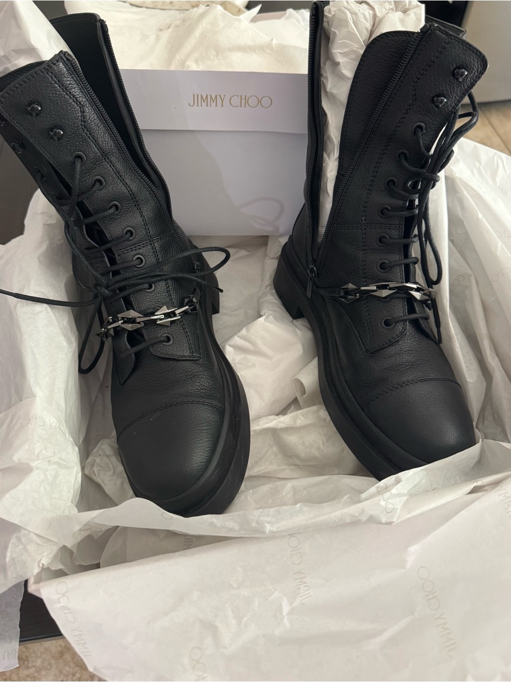 Jimmy Choo Nari Flat Black Leather Lace-Up Combat Boots with Side Zip